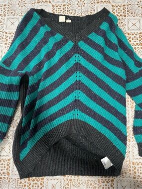 Roxy Small Teal Gray Striped Chevron Knit Sweater Cotton Blend Pullover